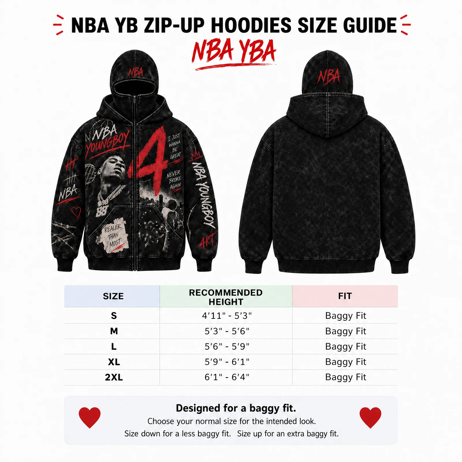 Front and back hoodie artwork and supplied size guide